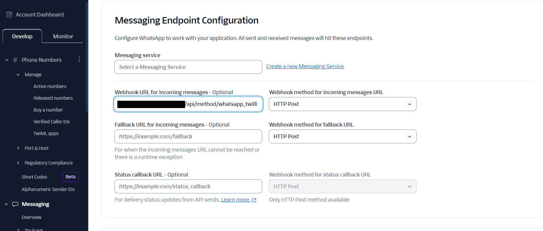 Twilio Console webhook configuration